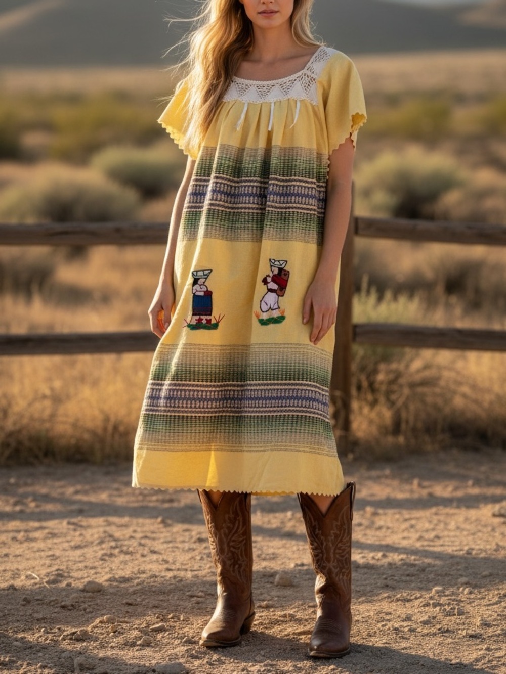 Vintage Yellow Mexican Peasant Midi Dress with Embroidery!